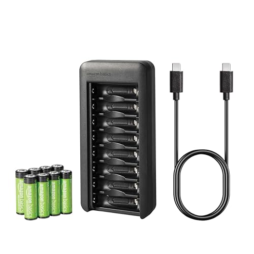 Amazon Basics Confezione da 8 batterie NiMh AA ricaricabili, con caricabatterie da 8 alloggiamenti e porta USB C, senza alimentatore