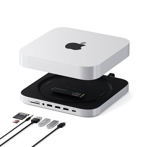 SATECHI Mac Mini Hub & Supporto con Alloggiamento SSD NVMe/SATA M.2, Dati fino a 10Gbps, 3x USB-A 5/10Gbps e Jack Audio, per Mac Mini M2/M1 e Mac Studio M4-M1 (non compatibile M4)