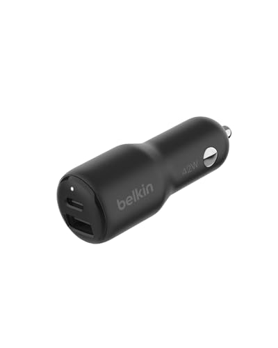 Belkin BoostCharge Doppio caricabatteria da auto da 42 W con ricarica rapida USB-C PPS da 30 W e porte USB-A da 12 W per iPhone 16,16 Pro,16 Plus,16 Pro Max,15,14,13, Samsung Galaxy S24 e altri, Nero