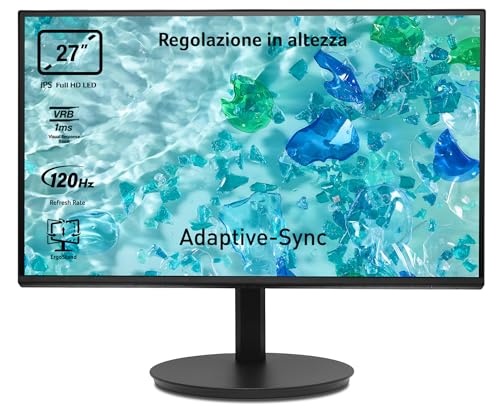 acer Vero CB272Gbirf Monitor PC 27″, Display IPS Full HD 120 Hz, 1ms (VRB), 16:9, AdaptiveSync, VGA, HDMI 1.4, Lum 250 nits, Regolazione in altezza, ZeroFrame Pro, Cavo HDMI Incluso, Nero