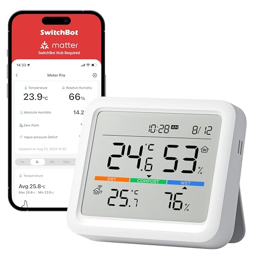 SwitchBot Termometro e Igrometro, Monitor Temperatura/Umidità con Data e Previsione del Tempo, Raggio Bluetooth di 120m, Esportazione Gratuita di Dati