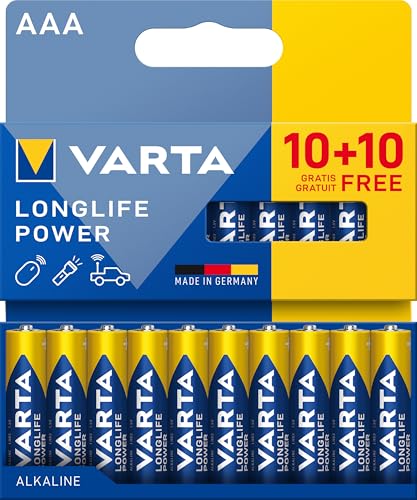 VARTA Pile AAA, 10+10 (20 pezzi), Longlife Power, Alcaline, 1,5V, ideale per giocattoli, mouse wireless, torce elettriche, imballaggio riciclato al 90%, Made in Germany