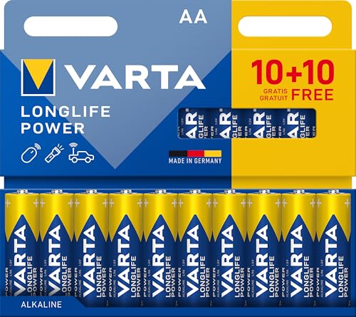 VARTA Pile AA, 10+10 (20 pezzi), Longlife Power, Alcaline, 1,5V, ideale per giocattoli, mouse wireless, torce elettriche, imballaggio riciclato al 90%, Made in Germany
