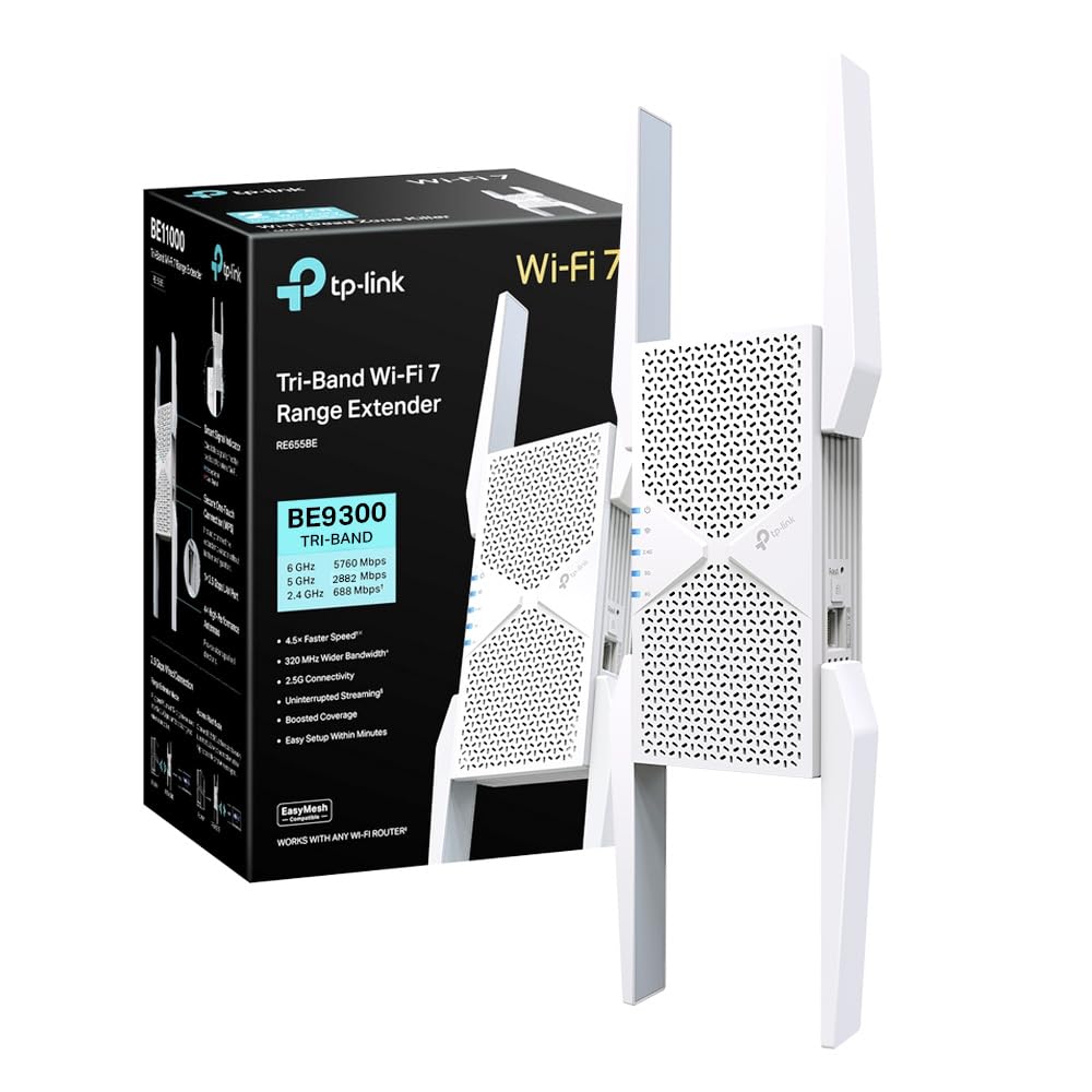 TP-Link WiFi 7 RE655BE Ripetitore WiFi Tri-band BE9300Mbps, Porta 2.5G Ethernet, Ripetitore WiFi Potente per Casa, Compatibile con Tutti i Box Internet, 4 Antenne Esterne, Banda 6GHz, MLO