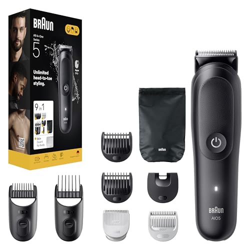 Braun All-in-One Series 5, Rifinitore All-in-One Senza Sforzo Viso e Corpo con Lama Ultra Affilata a Vita e Tecnologia Skinguard per Il Corpo, 120 Min di Autonomia, Impugnatura Aquagrip, Aio5540, Nero