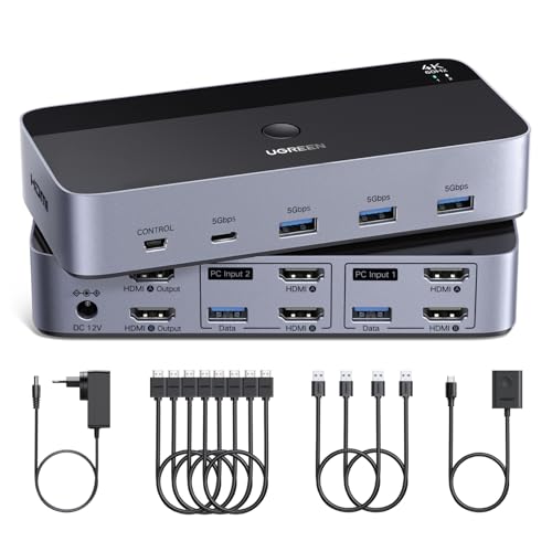 UGREEN Switch KVM HDMI 2.0 2 ingressi 2 uscite 4K 60Hz per 2 PC con 4 porte USB 5Gbps per tastiera, mouse, disco rigido, controller desktop compatibile con Windows, Linux, macOS