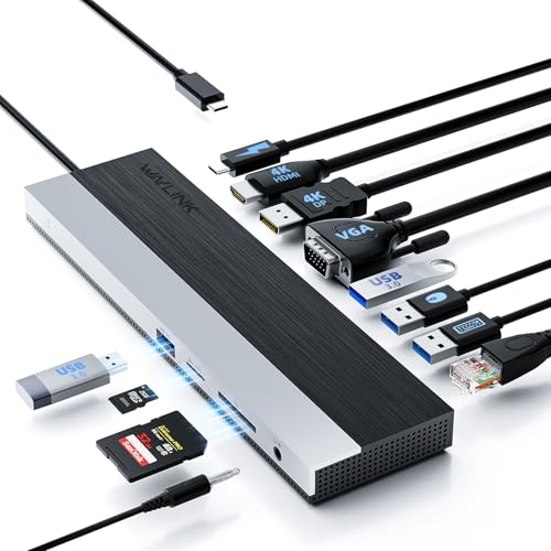 WAVLINK Docking station USB-C 3 monitor, docking station con HDMI, DP, VGA, 100W PD, USB3.0&2.0, RJ45, slot SD/TF, audio/microfono, per Lenovo/HP/Dell ecc. – Grigio