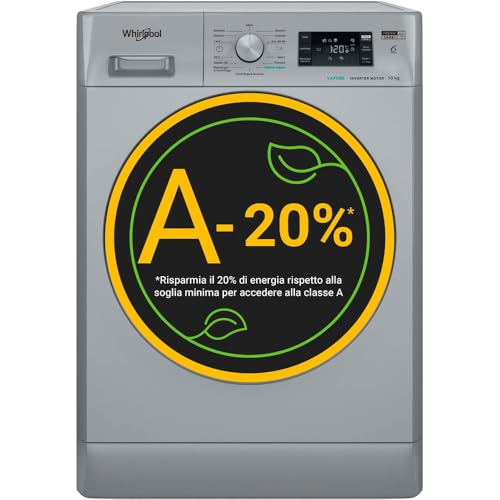 Whirlpool FFB 108 SILVER IT – Lavatrice 10 kg Libera Installazione, Carica Frontale, 1400 Giri/Min, Classe A-20%, Tecnologia 6° SENSO, Refresh Vapore, FreshCare+, Argento, 85 x 59,5 x 60,5 cm (AxLxP)