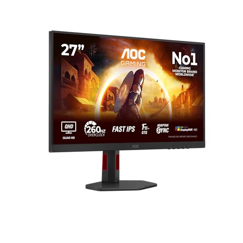 AOC Gaming Monitor Q27G4ZR 27 pollici 2560×1440, WQHD, 260Hz, Fast IPS Panel, 1ms GtG, Speakers, Height Adjustment, (HDMI2x 2.0 DP 1x 1.4) HDR400, G-Sync Compatible, Nero