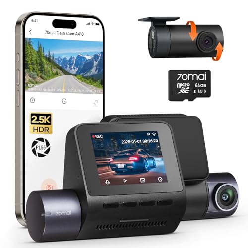70mai Dash Cam Anteriore e Posteriore A410, Doppia Dashcam 2.5K+1080P HDR, Visione Notturna Super, Apertura F1.55, Modalità Parcheggio 24H, WiFi GPS, G- Sensor, Registrazione in Loop, Include 64GB SD