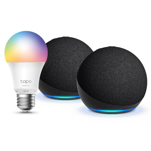 Echo Dot (5ª generazione) | Antracite, 2 pezzi + Tapo L530EA Lampadina LED Smart (E27), Compatibile con Alexa – Kit di base per Casa Intelligente
