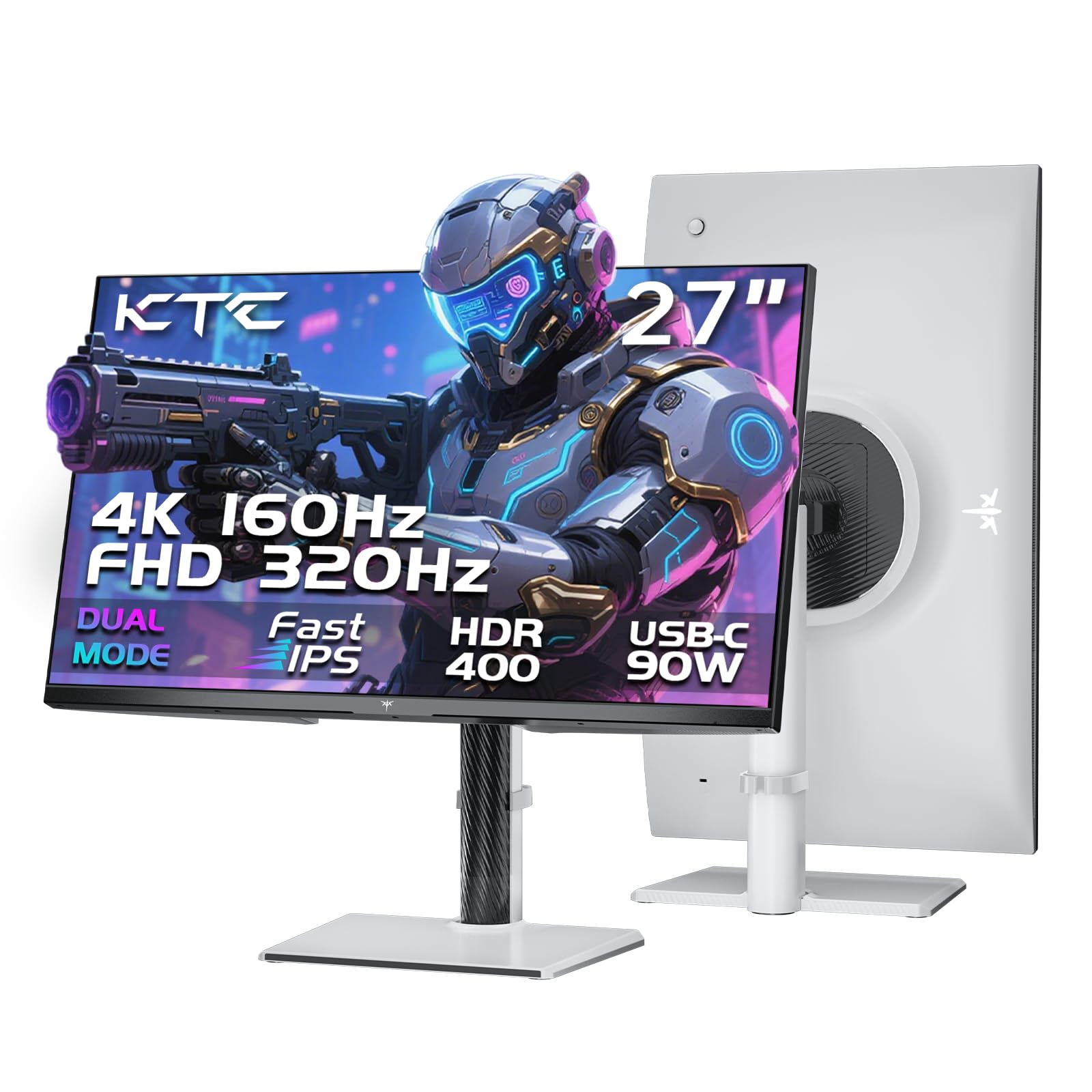 KTC Monitor Gaming 4K 27 Pollici | Modalità Doppia 4K@160Hz / FHD@320Hz | Pannello IPS Veloce | Tempo di Risposta 1ms | HDR400 | Adaptive Sync | 125% sRGB, 97% DCI-P3, ΔE2 | USB C 90W | KVM | Bianco