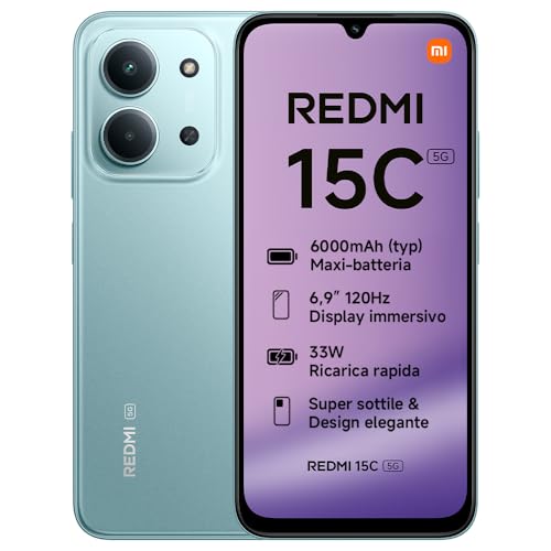 Xiaomi Redmi 15C 5G, Smartphone 4+256GB, Display 6,9″ 120Hz, MediaTek Dimensity 6300, processore 5G, Dual camera AI 50MP, Mega batteria da 6000mAh, Garanzia 2 anni, Verde, Caricabatterie non incluso
