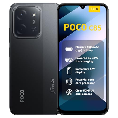XIAOMI POCO C85, Smartphone 8+256GB, Display 6,9″ 120Hz 7,99mm Design, MediaTek Helio G81-Ultra Octa-core, Doppia fotocamera AI da 50MP, 6000mAh, garanzia di 2 anni, Nero, Caricabatteria non incluso