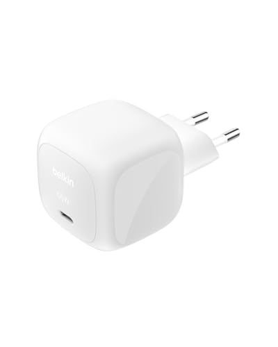 Belkin Caricatore USB-C da 65 W, Ricarica rapida, Caricatore da muro USB-C per telefono, funziona con iPhone 16-15-14-13, Galaxy S25, Google Pixel 9, MacBook, iPad, AirPods, Chromebook ecc – Bianco