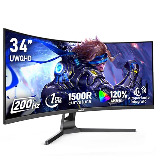Gawfolk Monitor Ultrawide Da 34 Pollici 1500R Curvo 200Hz Monitor Per Computer Da Gioco, 21:9 UWQHD (3440×1440),128% sRGB,Adaptive Sync,Altoparlante integrato,HDMI、Display Port,VESA75×75MM – Nero