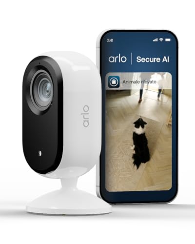 Arlo Essential 3 Indoor Telecamera per Cani/Bambini 2K, Sirena Allarme Casa, Sensore Di Movimento, Visione Notturna, Prova Inclusa Secure, Copriobiettivo Automatico, 1 Telecamera, Bianca