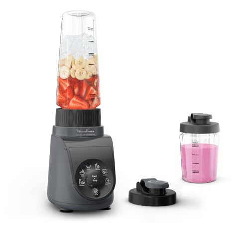 Moulinex Blend Up Essential, Mini Frullatore Salvaspazio, con 6 Programmi Automatici, App e Ricettario Digitale, Pulizia Automatica e Accessori Lavabili in Lavastoviglie, 800W, Grigio Scuro, LM1EHB