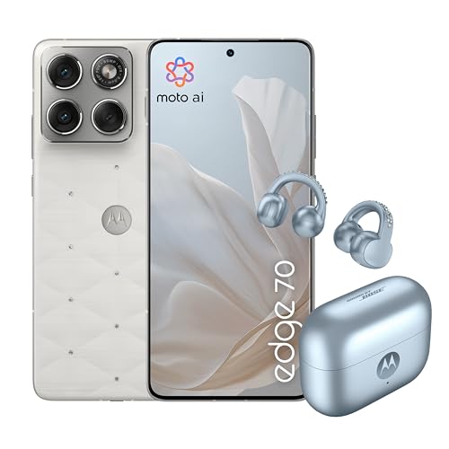 Motorola edge 70 e moto buds loop con crystals by Swarovski®(12/512GB, Doppia fotocamera 50MP+flicker cam, selfie 50MP, sottile 5.99mm, 4800mAh, Display 6.67″ 120Hz, Android 16) PANTONE Cloud Dancer
