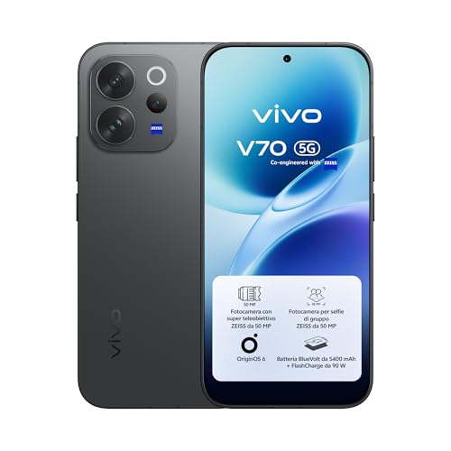 vivo V70 5G Smartphone 8GB RAM + 256GB, Fotocamera ZEISS 50MP con Super Teleobiettivo, Video 4K, Display OLED 6,59″ 1.5K, Batteria 5400mAh, Sblocco Impronta Digitale 3D, IP68/IP69, Android 16,NFC