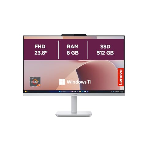 Lenovo A105 Computer desktop All-In-One, Display 24″ FHD, AMD Ryzen 5 40, RAM 8GB, 512GB SSD, 2x Altoparlanti, Windows 11 Home, WIFI, Tastiera + Mouse USB inclusi – Cloud Grigio